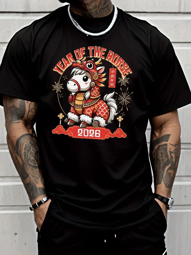 Men Summer 2026 Horse Year Chinese New Year Print Short Sleeve Tee Crew Neck Cotton Male Loose Casual Street Daily Fashion Top