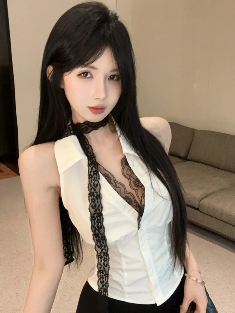 

Sexy Lace Splice Neck Sleeveless Shirt Women's Summer New Style Slim Fit Top with Hanging Neck Tassel Citywalk Linen Blend