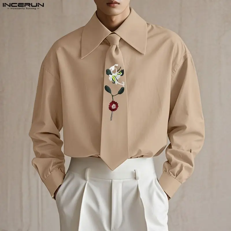

INCERUN Мужская рубашка с вышивкой и лацканами с длинным рукавом, повседневная мужская одежда с галстуком, свободная уличная одежда, модные мужские топы в корейском стиле 2026