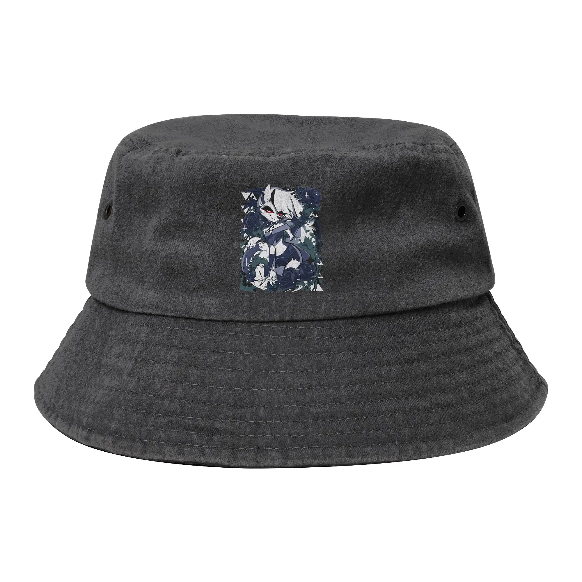 Unisex Distressed Denim Washed Bucket Hat Helluva Boss Loona Outdoor Fishing Hats Black Comedy Bob Hat Gifts Idea