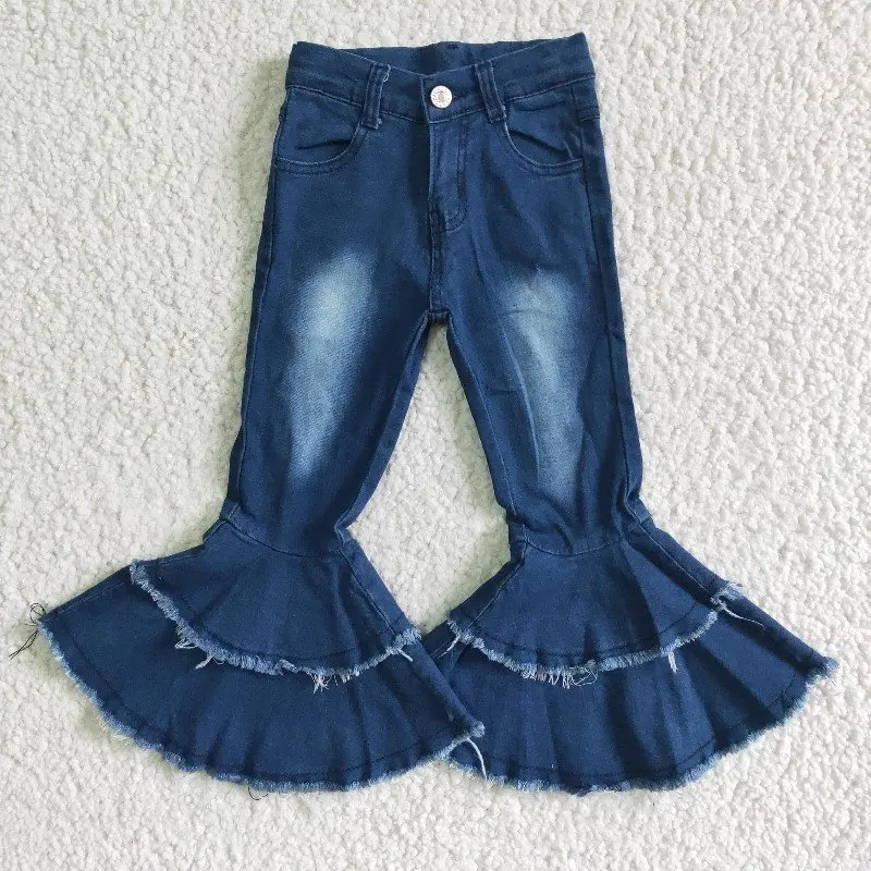 P0003  Baby Girls Clothes Double Bell Bottoms Denim Cold Blue Print Jeans Summer Boutique Children Clothing