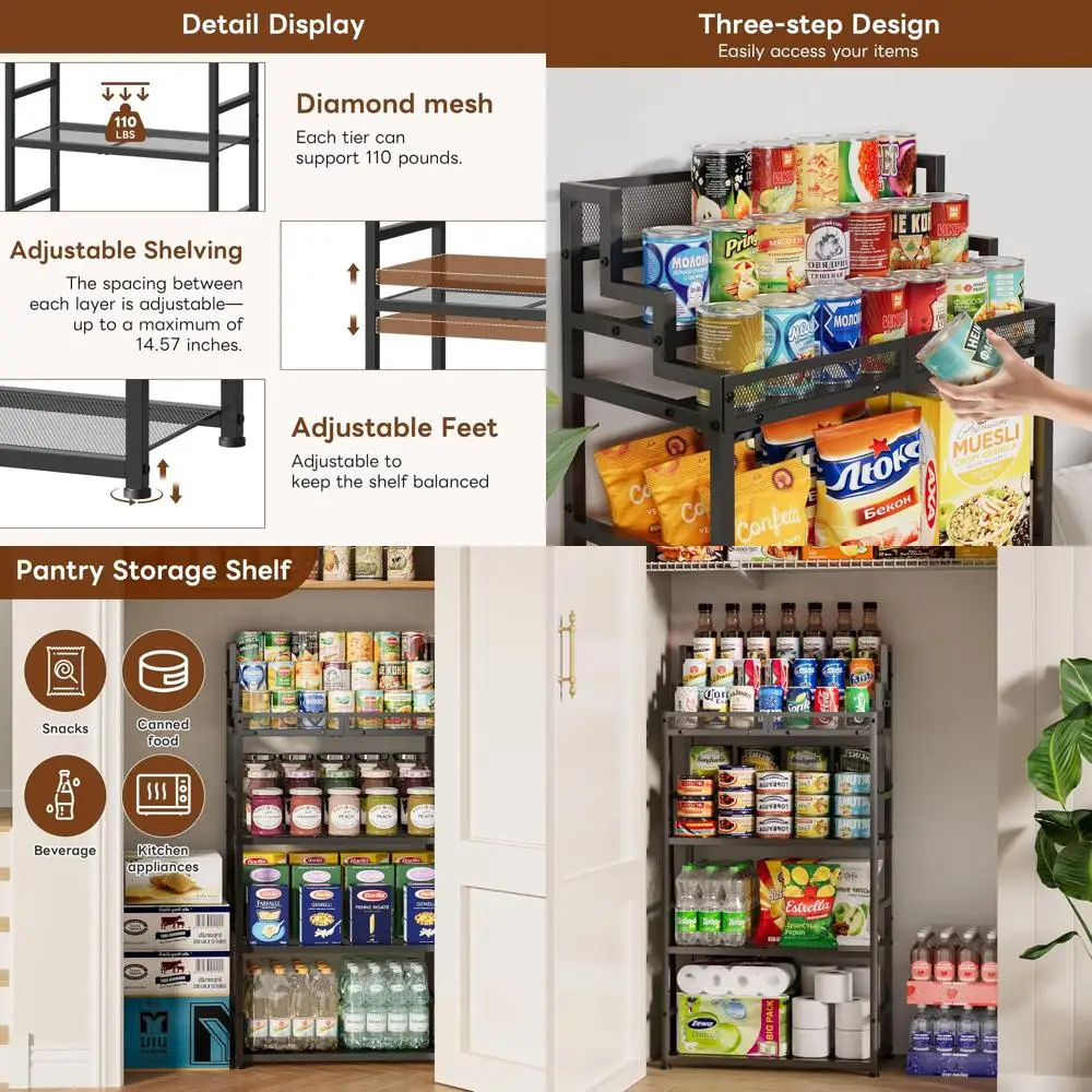 

6-Tier Metal Adjustable Kitchen Pantry Organizer, Black, 23.62L x 11.81W x 47.01H for Canned Goods & Snacks