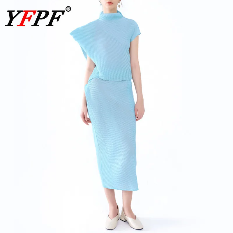 

YFPF 2026 Miyake плиссированный новый комплект для женщин, блузка с рукавами асимметричного дизайна, топы, однотонная длинная юбка, элегантная одежда