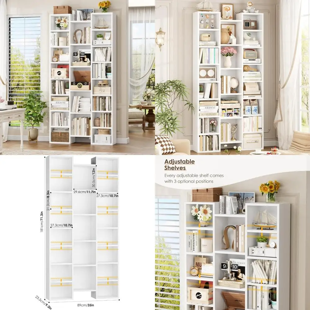 رف كتب ثلاثي واسع باللون الأبيض مع 8 أرفف قابلة للتعديل، وبرج تخزين أقراص CD DVD، وخزانة عرض للمكتب المنزلي #1