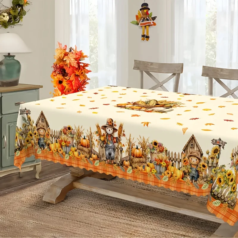 1 autumn tablecloth, artificial corn kernels, straw man, pumpkin, sunflower, maple leafzyc