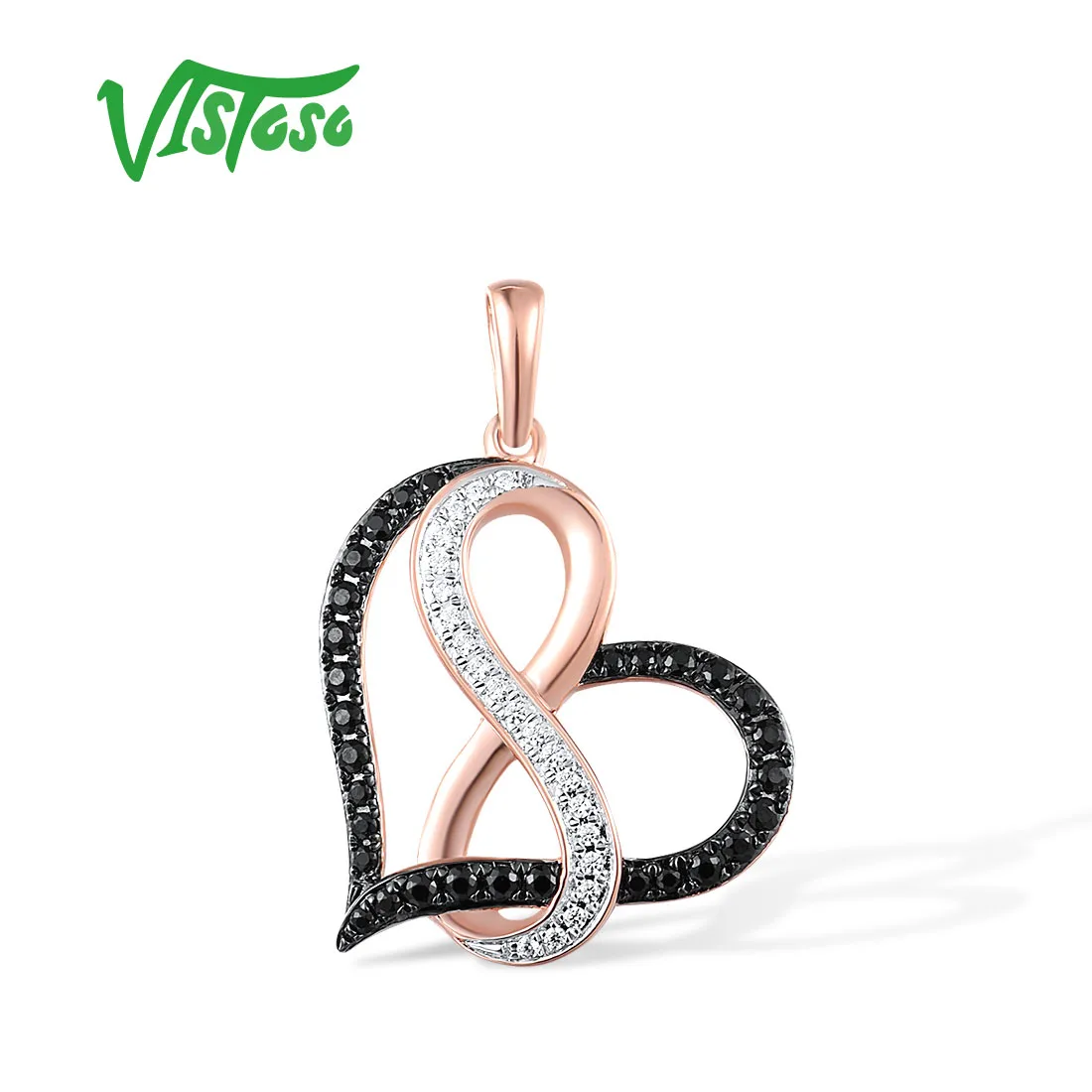 

VISTOSO Authentic 14K 585 Rose Gold Pendant For Women Sparkling Black White Diamonds Heart Sweet Delicate Gifts Fine Jewelry