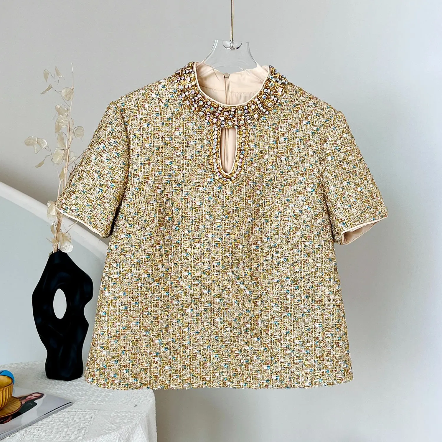 

New thick wool open-necked short-sleeved blazer with embedded diamonds women jacket