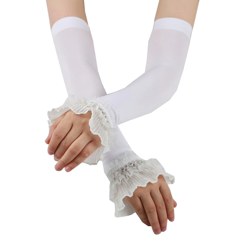 1 Pair Elastic Sleeve Black White Long Gloves For Driving Lace Arm Sleeve Mittens Fingerless Gloves Ladies Summer Sunscreen Cuff