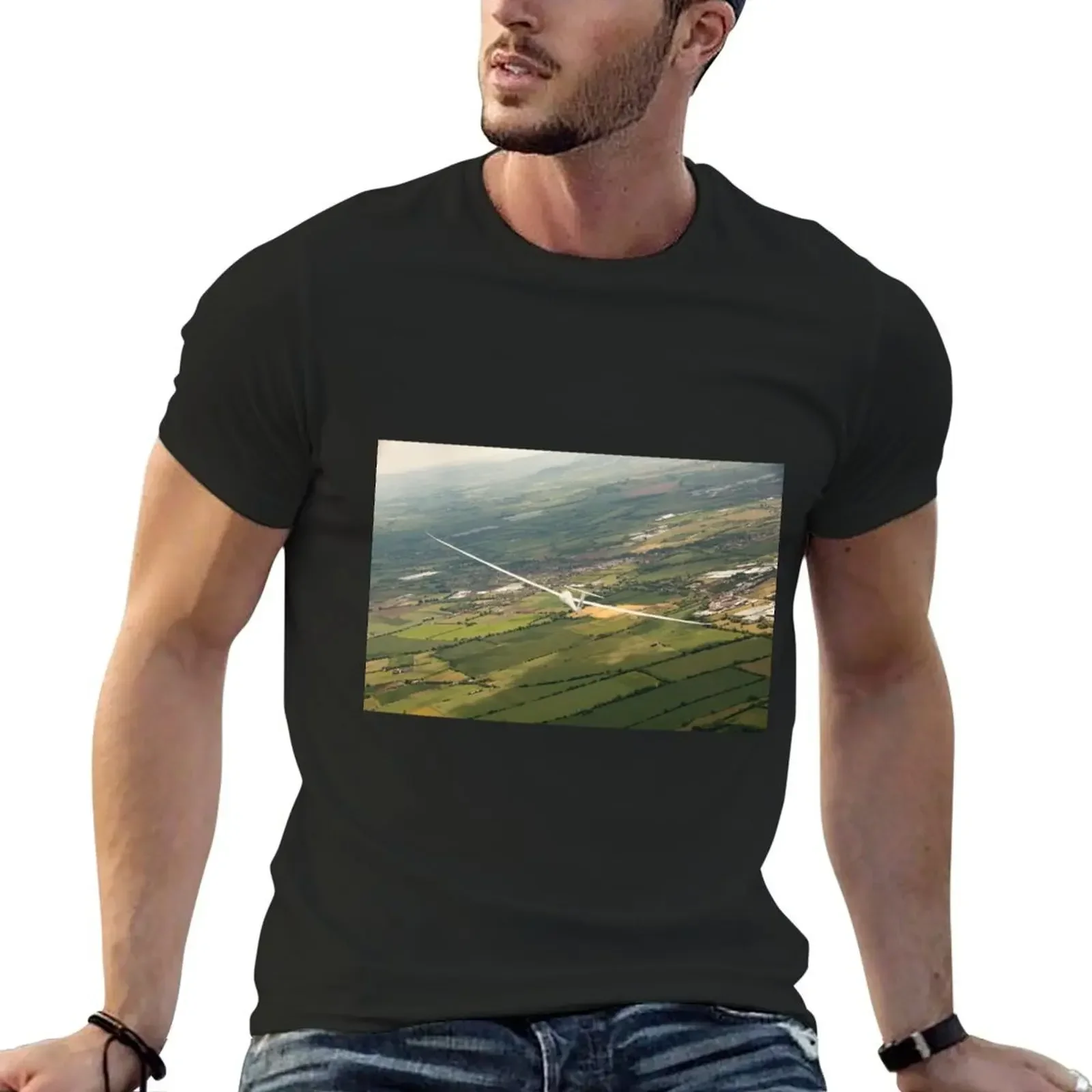 Sailplane,glider soaring above the English contryside. T-Shirt blacks Aesthetic clothing oversized t shirts for men