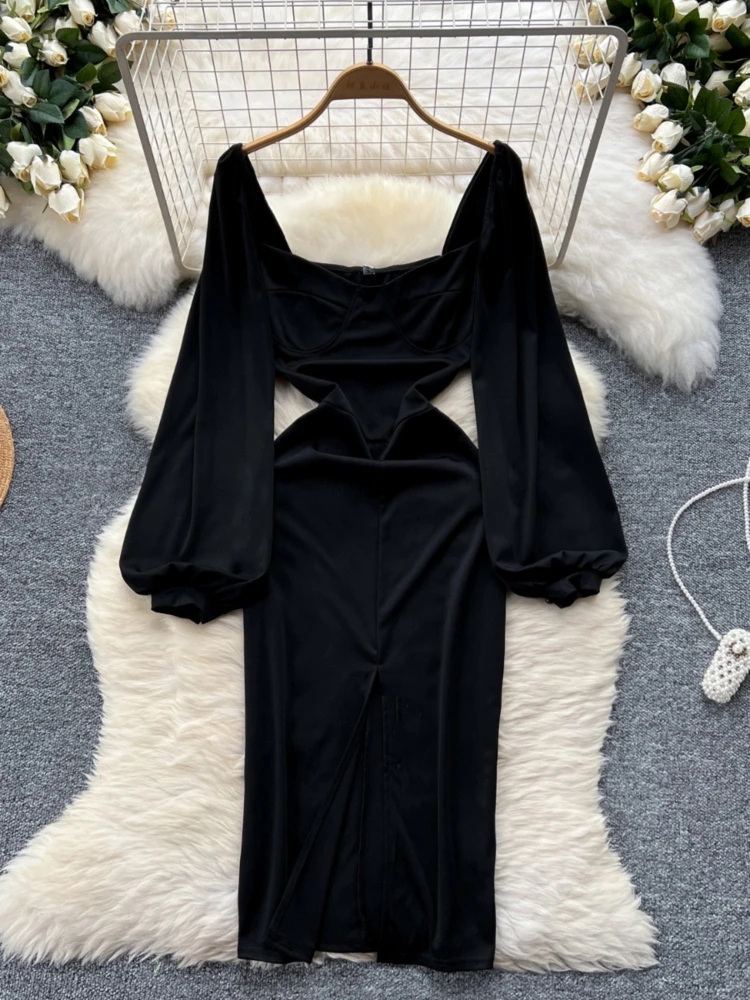 

Foamlina 2024 Autumn Fashion Black Midi Party Dress Women Elegant Square Neck Long Puff Sleeve Slim Front Split Bodycon Dresses