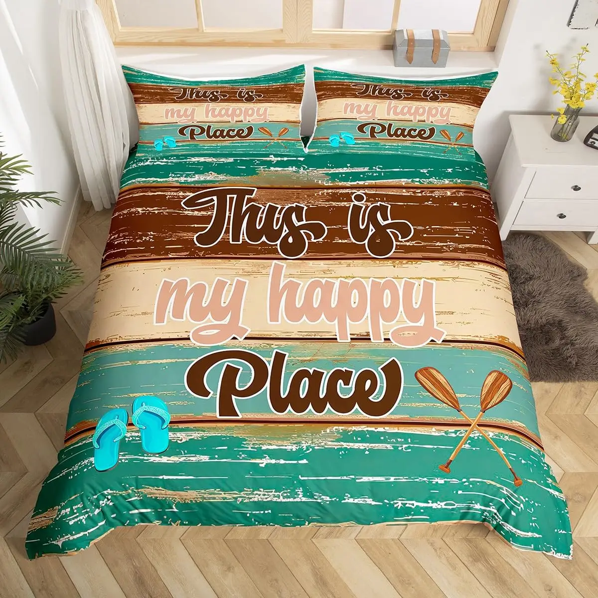 

Rustic Farmhouse Duvet Cover Summer Lake Bedding Set for Boys Men Twin Flip Flop Paddle Quilt Cover Vintage Wood Texture Bed Set