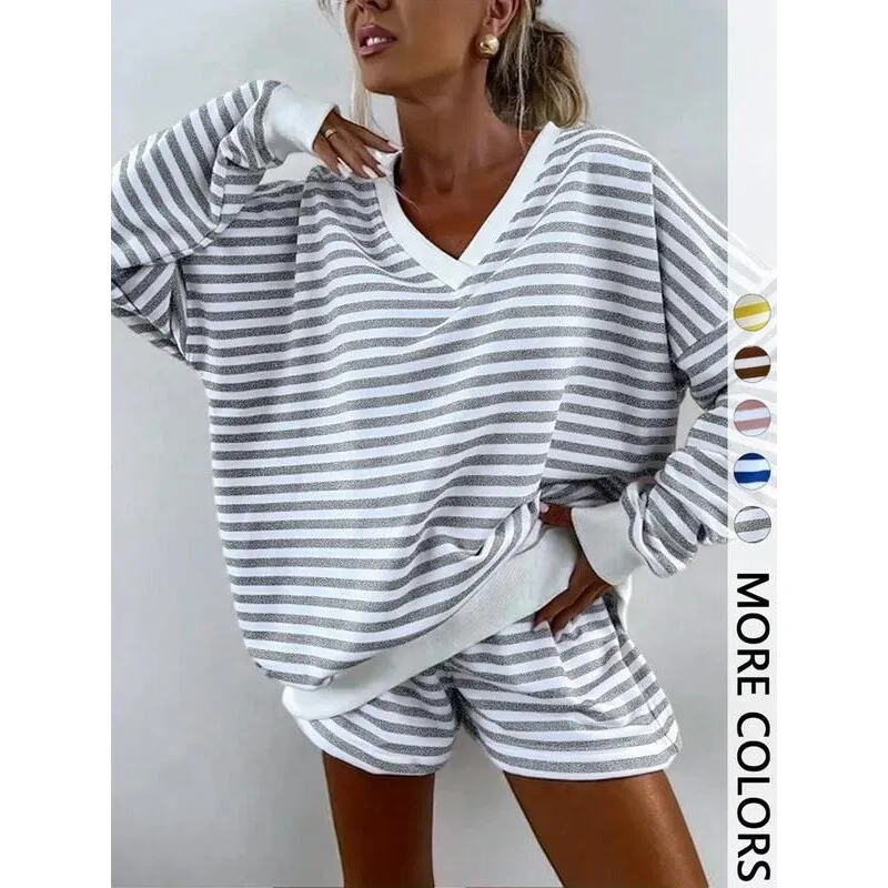 

Women's Striped V-Neck Set Fashionable Summer Outfit Two-Piece Ensemble Cross-Border Striped Set for Ladies