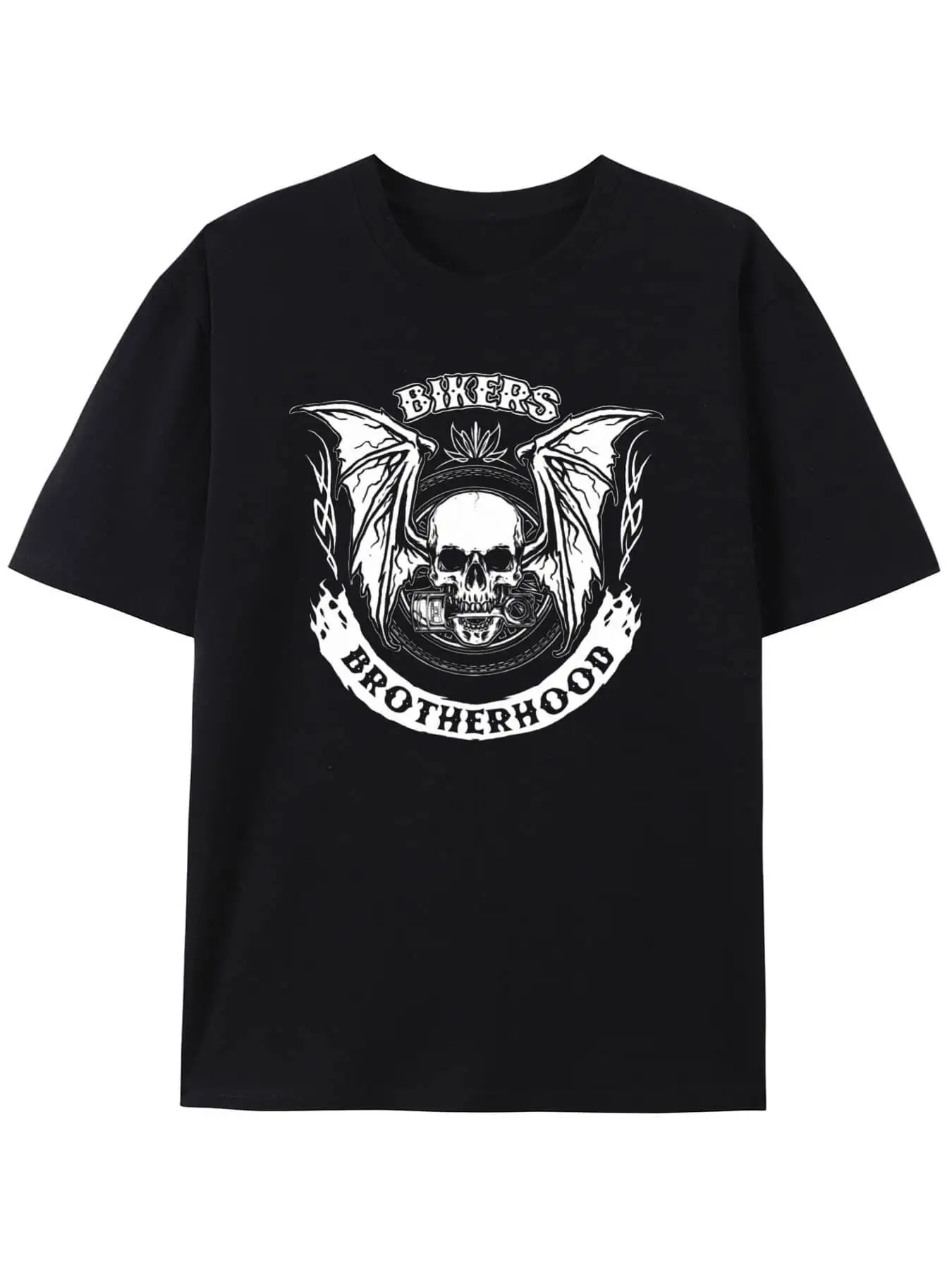 Creative Printing Pattern|T-Shirt Black Bikers Brotherhood Skull Graphic Tee, Fashion Unisex Shirt Tshirts|Men's Summer Round