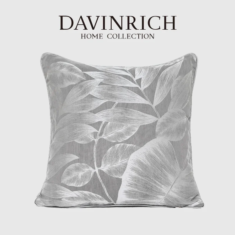 

DAVINRICH European Style Cushion Cover Elegant Leaves High Precision Jacquard Modern Luxury Pillow Case Silver 45x45cm Art Decor