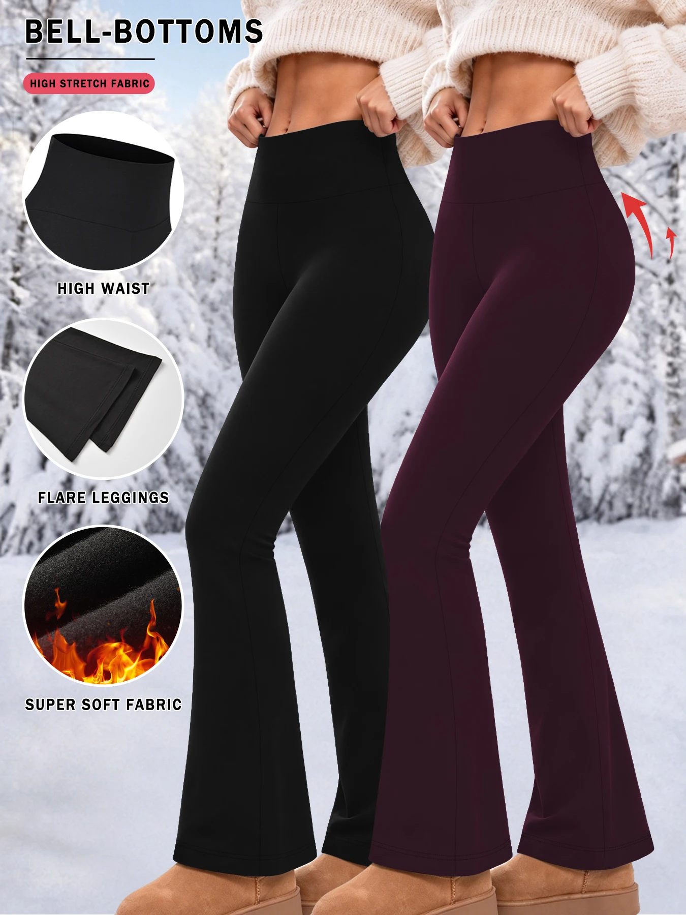 2 pack Women's Super Soft High Waisted Fleece Flare Leggings Tummy Control Soft Bootleg Bootcut Pants