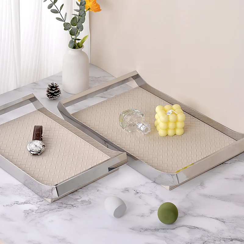 Nordic Luxury Stainless Steel Serving Tray Leather Woven Storage Tray with Handles for Home Decoration Table Room Gift