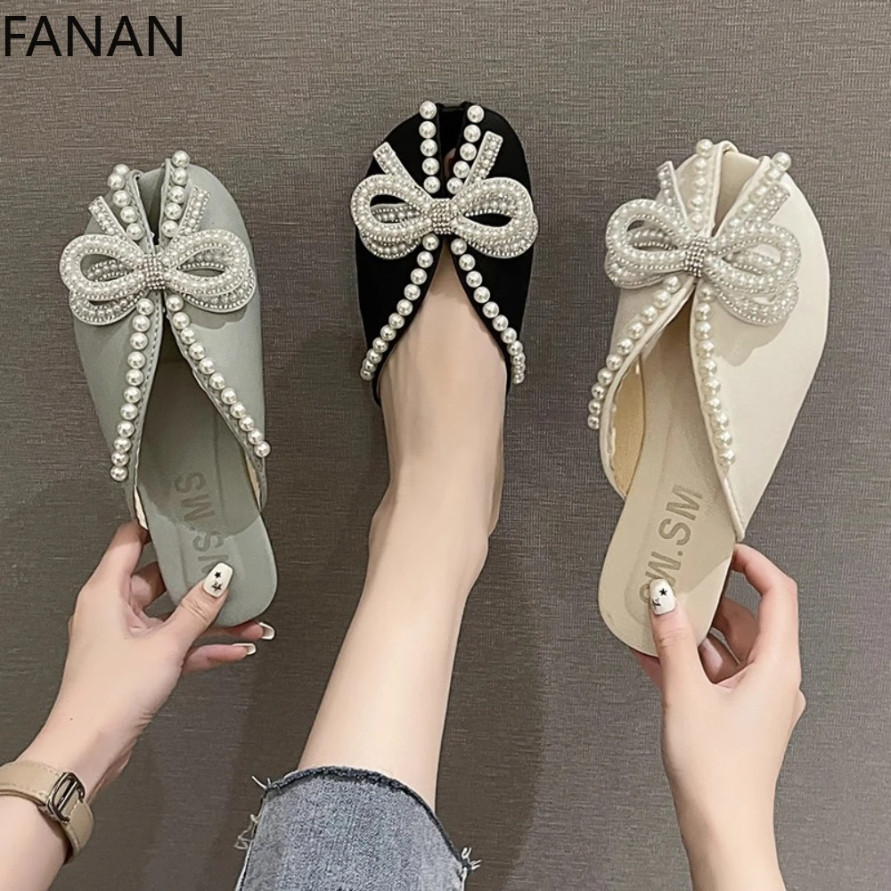 

Женская обувь, модные сандалии с бантом и стразами, жемчугом Baotou, женские летние сандалии, новинка 202, ленивые тапочки с полудней подошвой