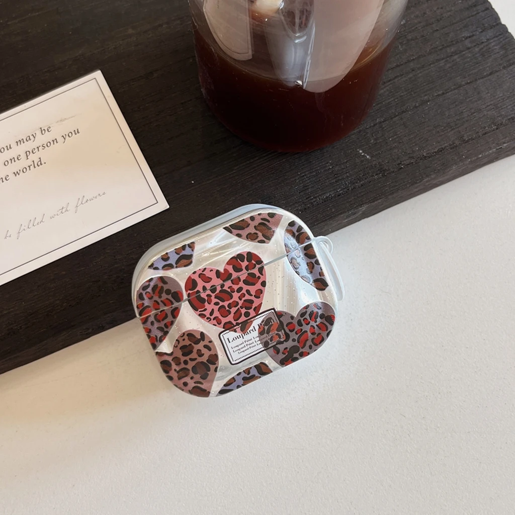 Ins Spicy Girl Style Love Heart Leopard Print Pearlescent Glitter Earphone Protect Cover Case for AirPods 2 3 4 5 Pro Pro2 Pro3