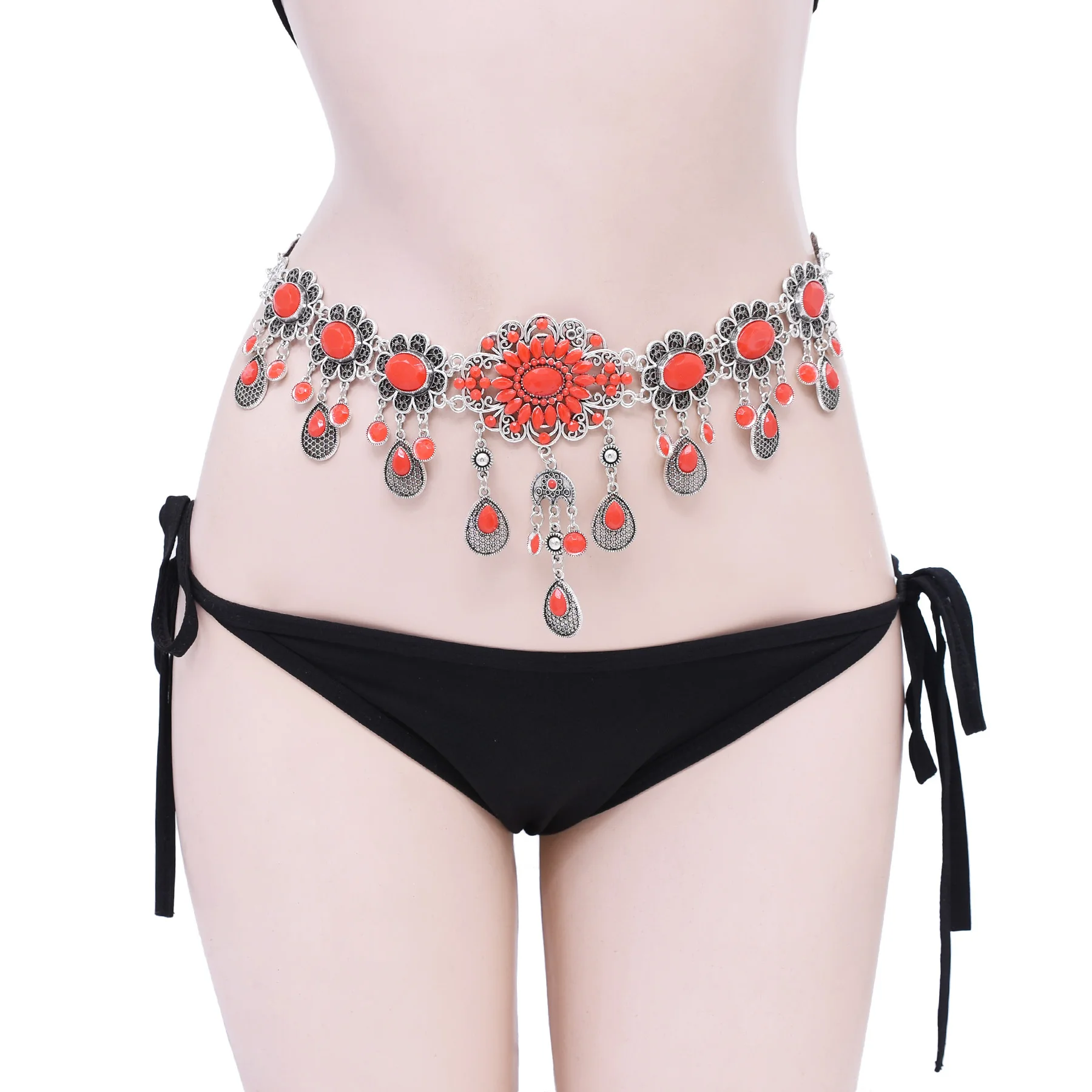 

Kazakh national style red imitation turquoise flower-shaped tassel alloy women's waist chain daily wear versatile items