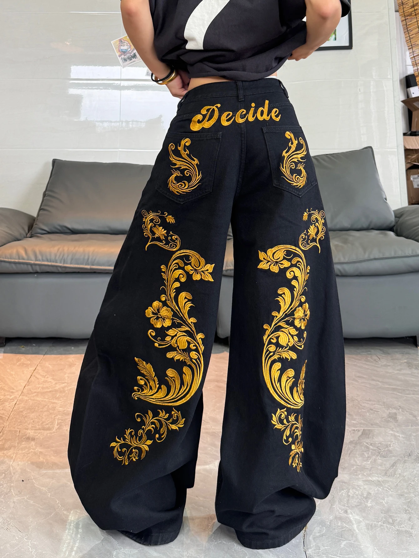 American High Street Gold Embroidered Cocoon Jeans, Retro Fashion Versatile Black Wide Leg Pants For Women