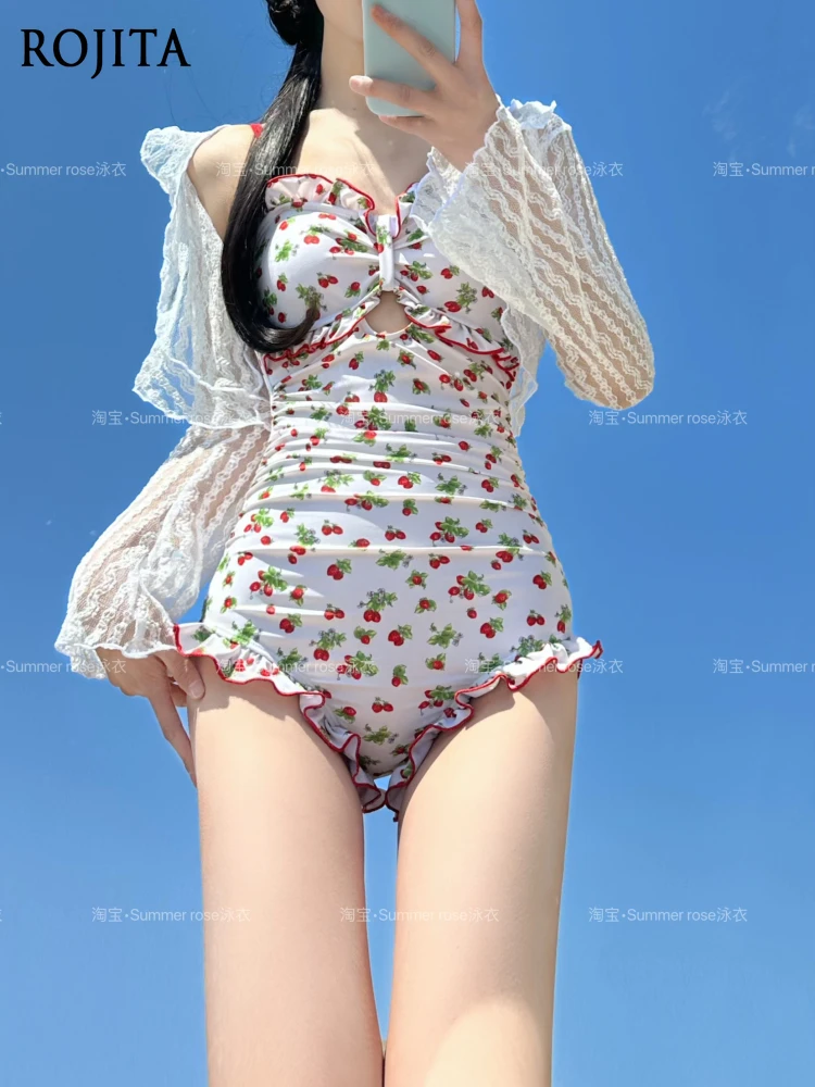 

Summer New Girls Kawaii One-piece Swimsuit Sweet Strawberry Print Y2k Swimwear Cardigan 2 Piece Suits Swimming Suit for Women