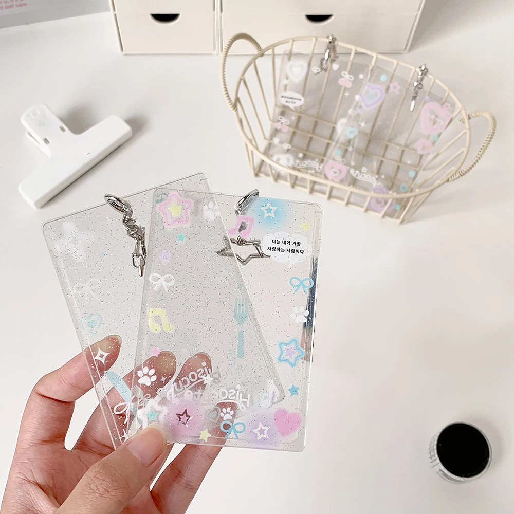 Ins Korean Glitter Photocard Holder Acrylic Card Case Idol Photo Frame Photo Album ID Card Card Film Sleeve With Keychian