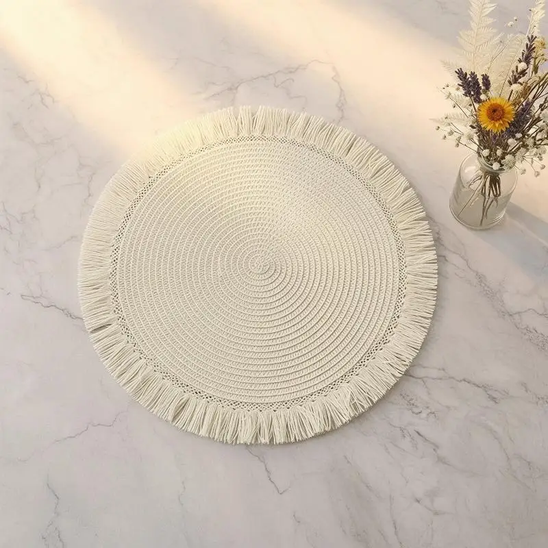 Handmade Woven Rattan Round Placemat Heat Resistant Fringe Trim Washable for Dining Table Farmhouse Style Decor