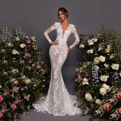 Eightree Elegant Wedding Dresses V-Neck Long Sleeve Lace Backless Wedding Gowns Beach Formal Bridal Prom Long Dress Customized