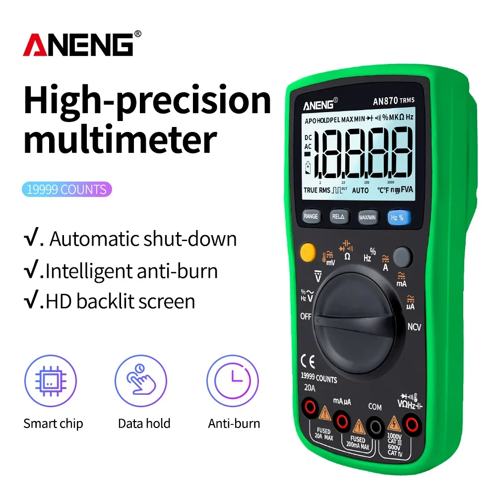 ANENG-AN870 Multímetro Digital, 1999 Contagens, True Rms, Transistor Tester, Voltimetro, Medidor de Capacitância Profissional