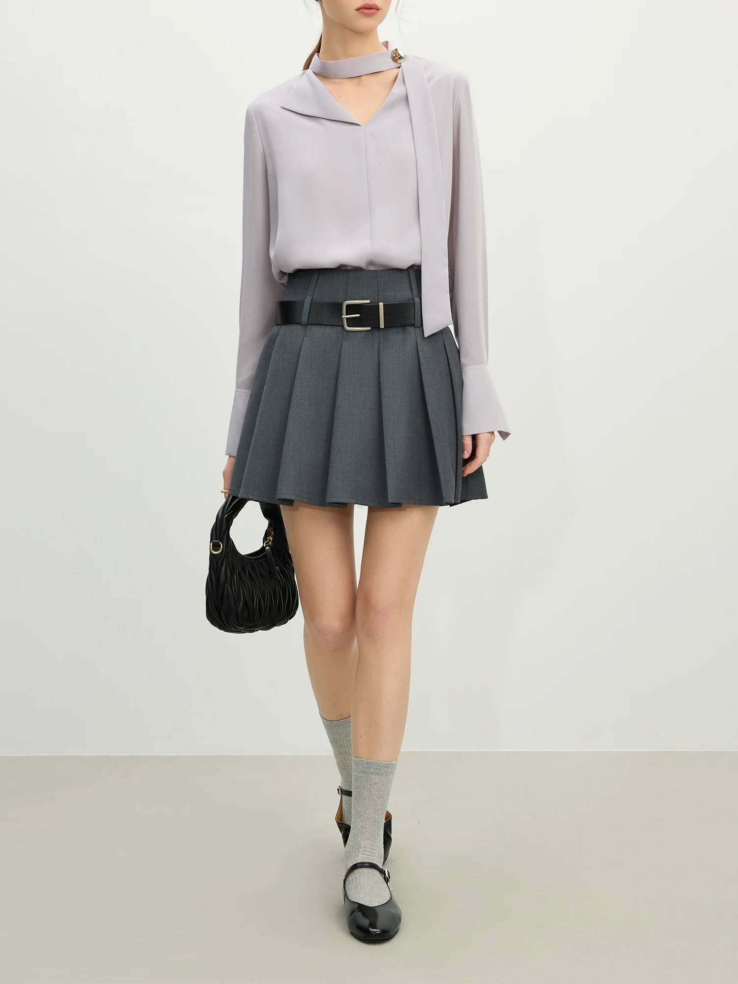 FSLE Office Lady Fashionable Grey Pleated High Waisted Short Skirt