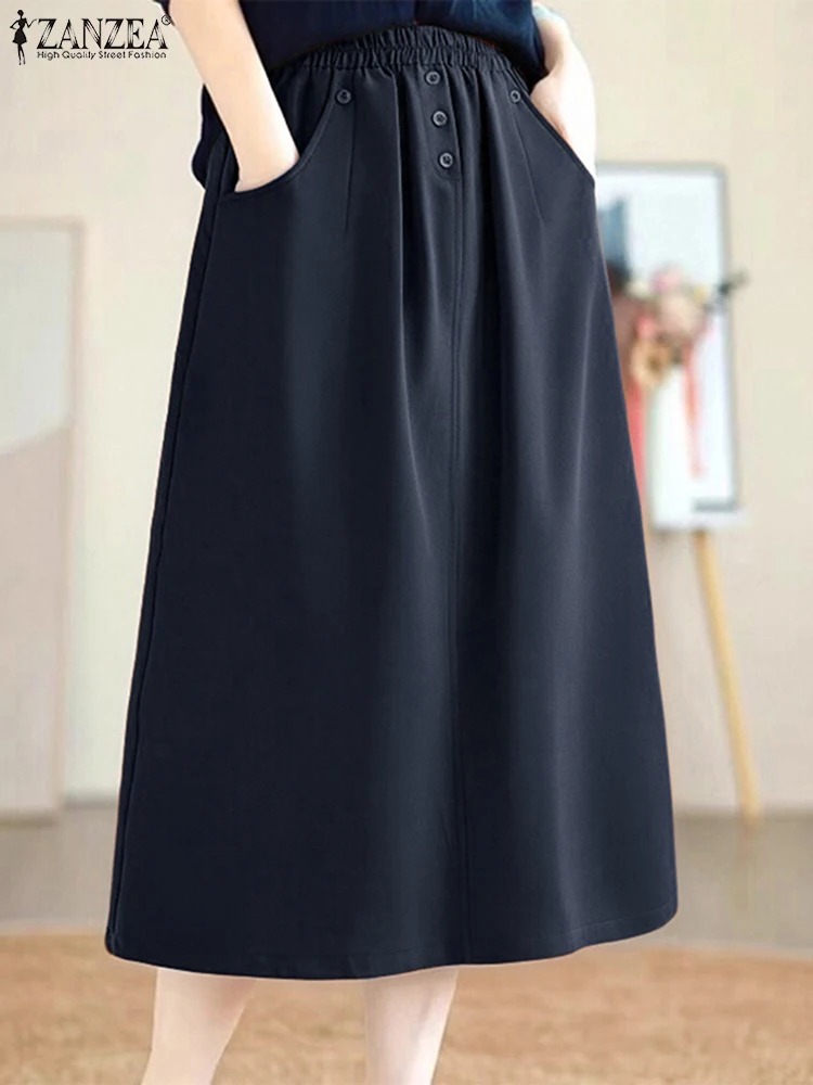 Women Midi Faldas ZANZEA Fashion Autumn Long Skirts Elegant Office Saia Jupes Pockets Solid Casual Loose Elastic Waist Bottoms