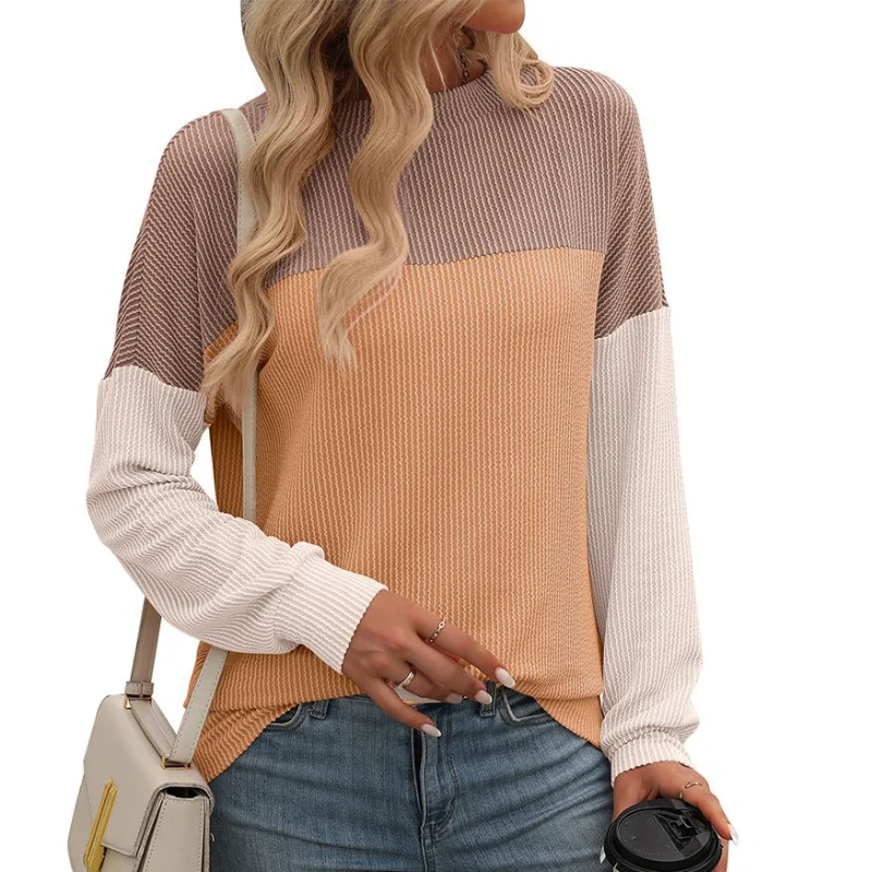 

Autumn Winter New Round Neck Twisted Strip Color Matching Long Sleeve Loose T-shirt for Women