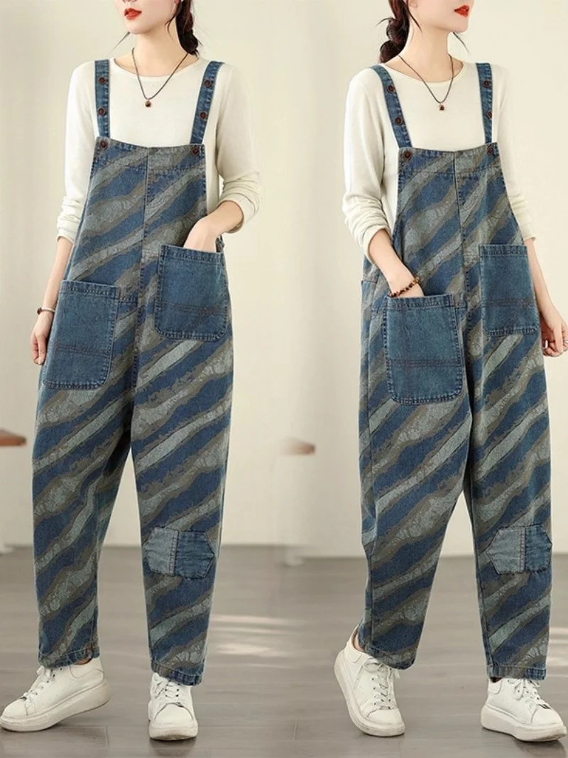 

Large Size Denim Overalls Print Fashionable Spring Autumn Casual Versatile, Personalized Jumpsuit Pants Women's Jeans w1725
