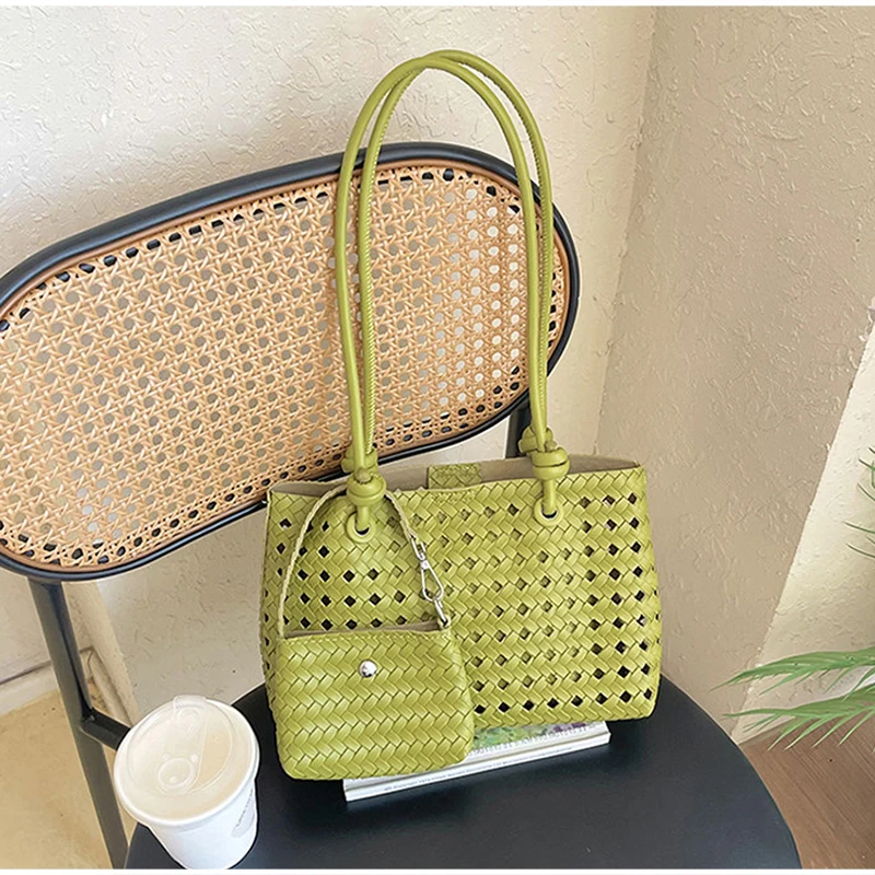 Taschenset, ausgehöhlte gewebte Schultertasche mit passender Geldbörse, lässige Damen-Sommerhandtasche mit Tragegriff, vielseitige weiche Tasche für den Arbeitsweg – Detail 9