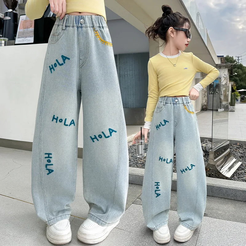 

Children Vintage Light Blue Jeans Trousers For Girls New Spring Straight Cut Denim Pants With Letters For Kids Teenagers 5-14T