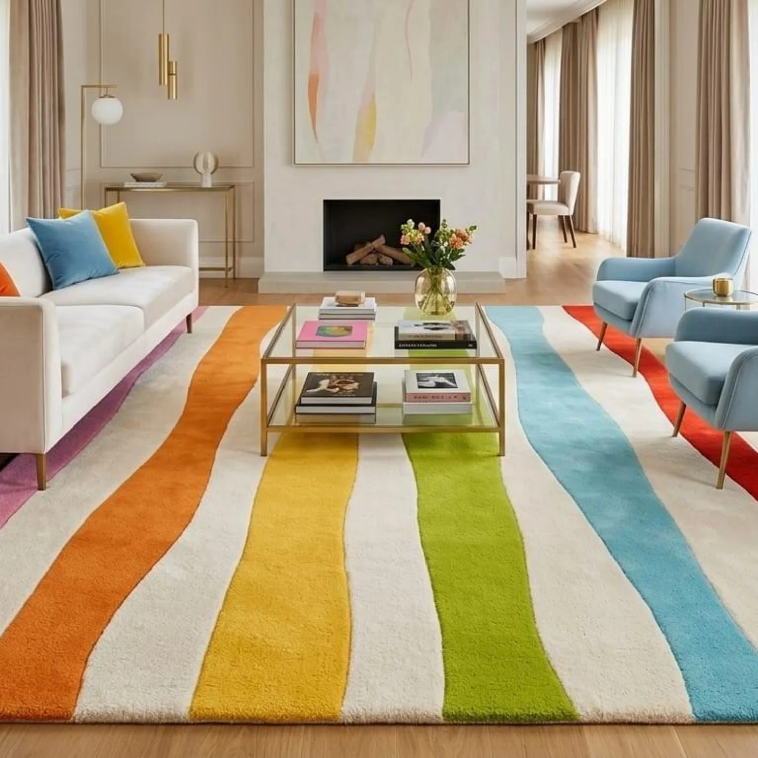 Room Decor Rug  H1andtufted Rainbow Wavy StR1iped Area Rugs Light Cream Carpets Maximalist Dopamine DE1cors Custom Tufted Wool Rugs R Living Room Floor Art
