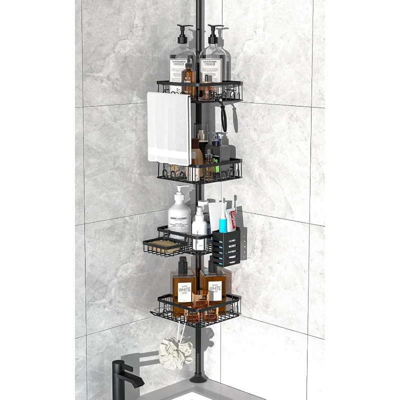 Shower Caddy Corner Rustproof 4 Tier Adjustable 34 to 101 Inch Organizer Tension Pole Floor Standing Bath Rack with Rod