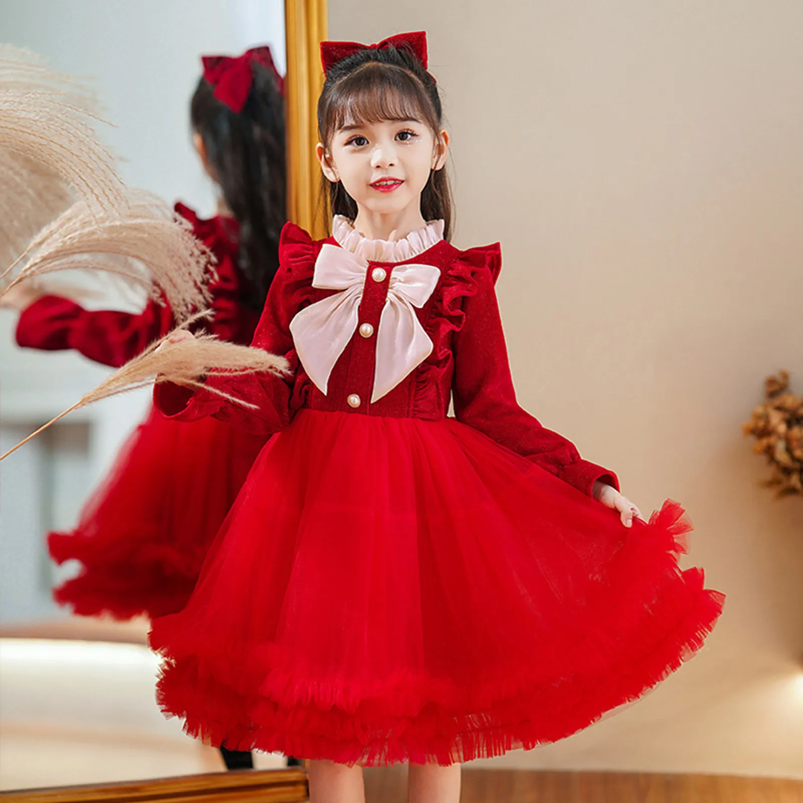 Child Girls New Year Party Ruffles Tulle Dress Festival Party Costume Gown Fleece Warm Dresses