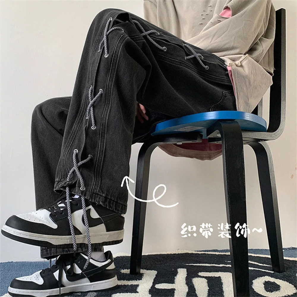 2025년 가을 신상 한국 패션 남성 와이드 레그 진 스트릿웨어 스트레이트 배기 데님 팬츠 남성 브랜드 바지