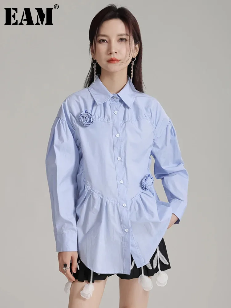 

[EAM] Women Blue Three-dimensional Flower Elegant Blouse New Lapel Long Sleeve Shirt Fashion Tide Spring Autumn 2024 1DH5206