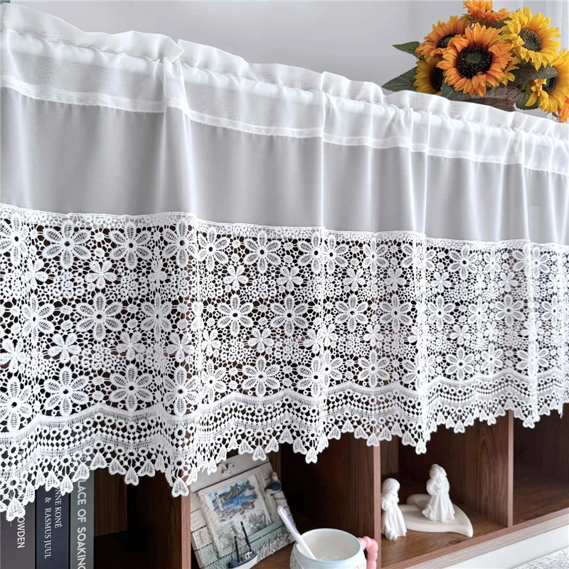 White Romantic Chic Relief Flower Embroidered Short Sheer Curtain Dust Partitions Drapes For Kitchen Doors Cabinets Home Decor