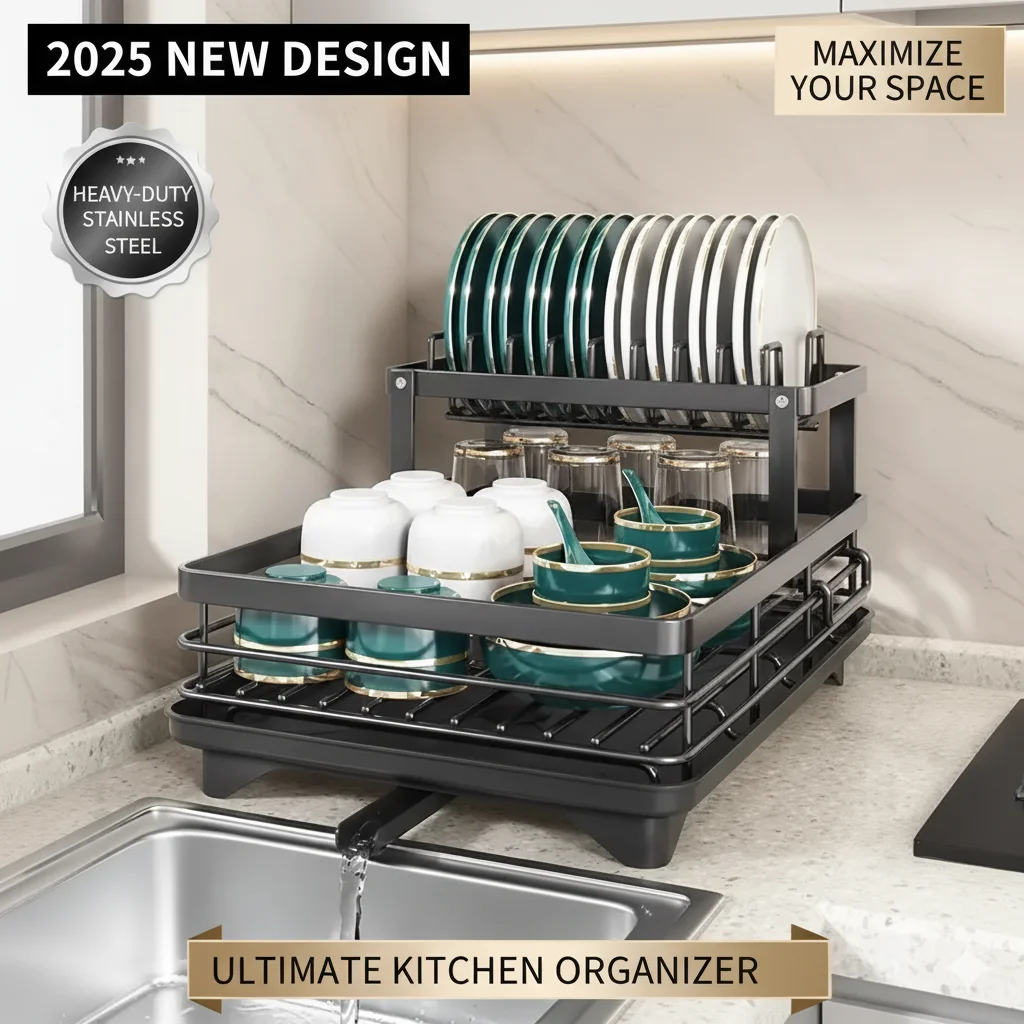 

2-Tier Stainless Steel Dish Drying Rack with Drainboard – Rustproof Kitchen Counter Organizer for Plates, Bowls & Utensils