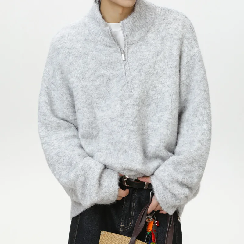 Autumn and winter Japanese retro half zipper design stand up collar sweater men's thick warm lazy style pullover sweater jacket