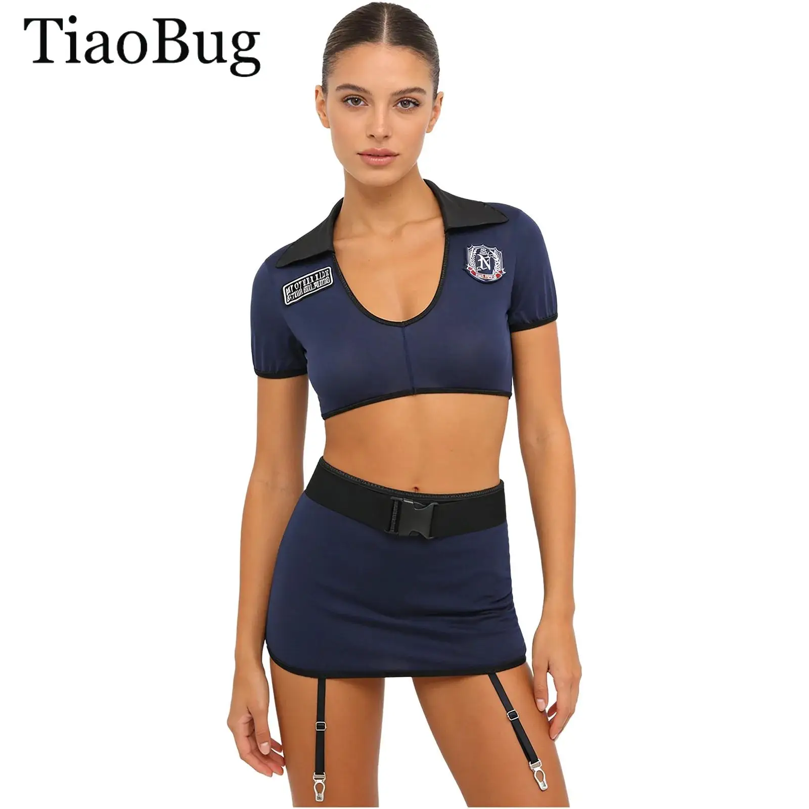 

Womens Policewoman Cosplay Lingerie Set Halloween Cop Officer Outfits Short Sleeve Crop Top +Garters Miniskirt +T-back Thong