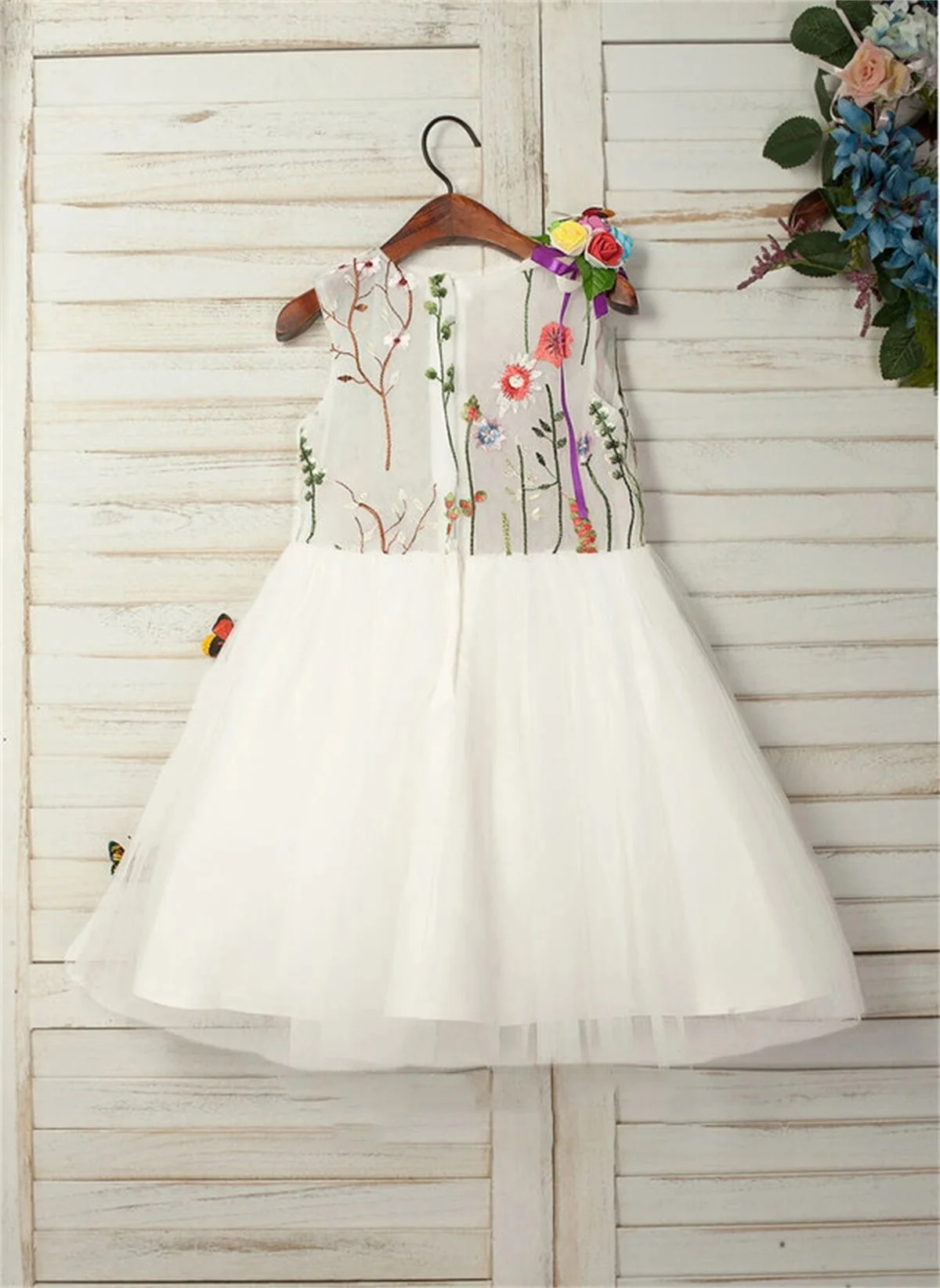 Wedding Flower Girl White Dress Round Neck Sleeveless Color Butterfly Flower Leaf Appliqué Tulle Custom Vestidos Para Niñas