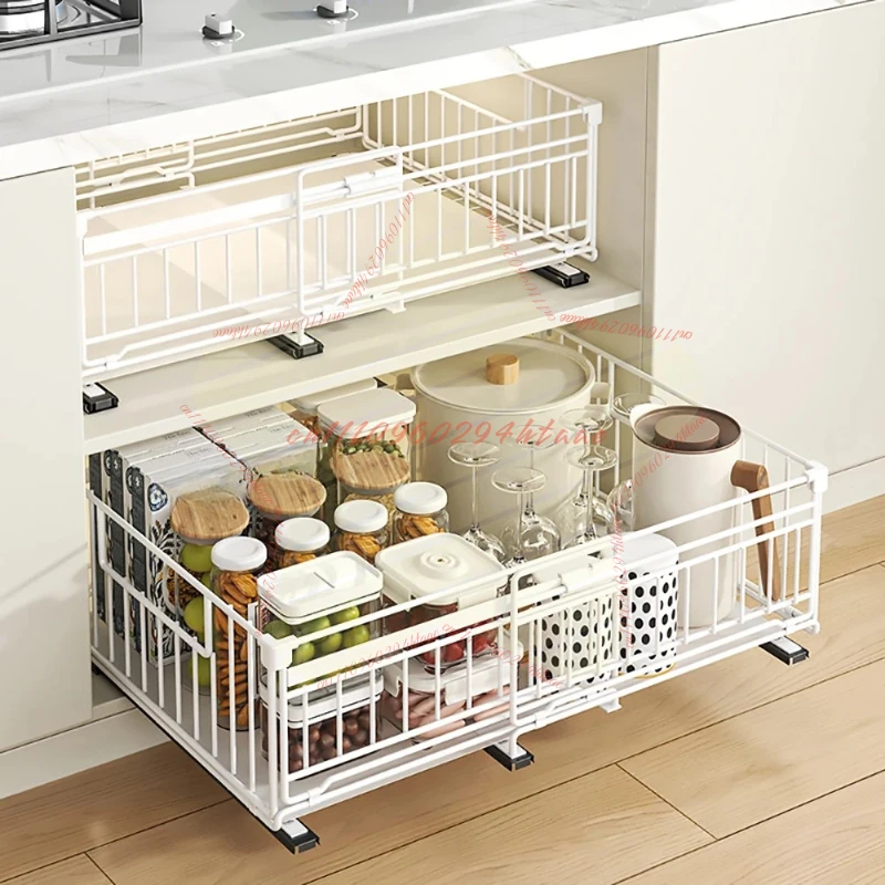 Expandable Pull-out Kitchen Shelf Carbon Steel Folding Cabinet Organizer Drawer Storage Shelves Cupboard Sliding Cabinet Basket
