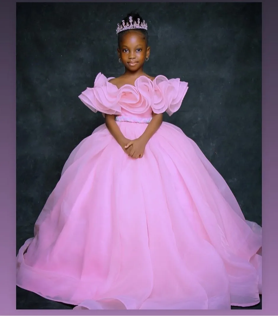 Pink Off-The-Shoulder Ruffles Tiered Tulle Kids Birthday Dresses Flower Girl Dresses Off the  Ball Gowns for Wedding