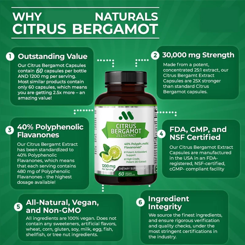 Super natural citrus bergamot 25:1 concentrated extract, 1200mg, 40% polyphenolic flavonoids, 60 vegetarian capsules