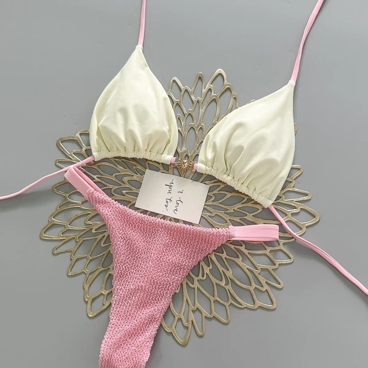 

Woman 2026 Bikini Triangle Top Thong Bottom Bikinis Pastel Pink Swimwear High Stretch Two Piece Swimsuit Tie Strap Ruched Waist