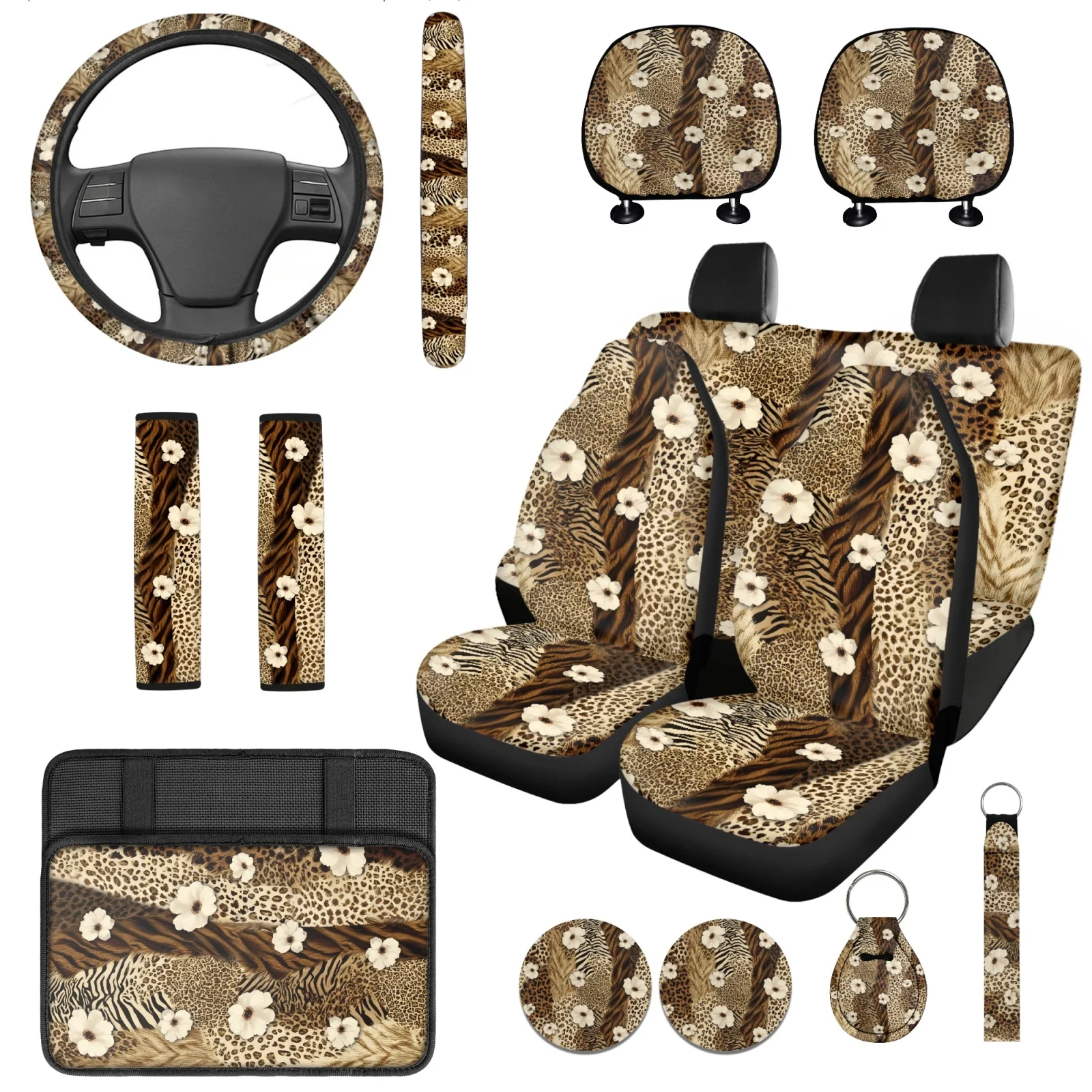 Coloranimal Mixed Texture Design 14 Pack Car Seat Covers Set with Soft Car Armrest Cover and Key Fob for Car Interior